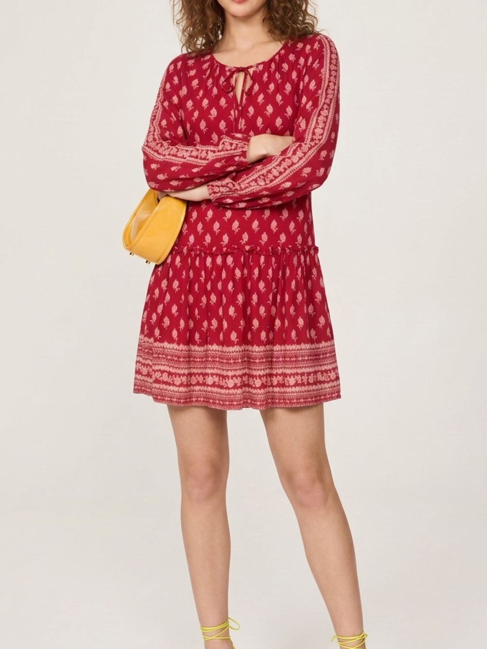 Womens Red Printed Long-Sleeve Boho Dress